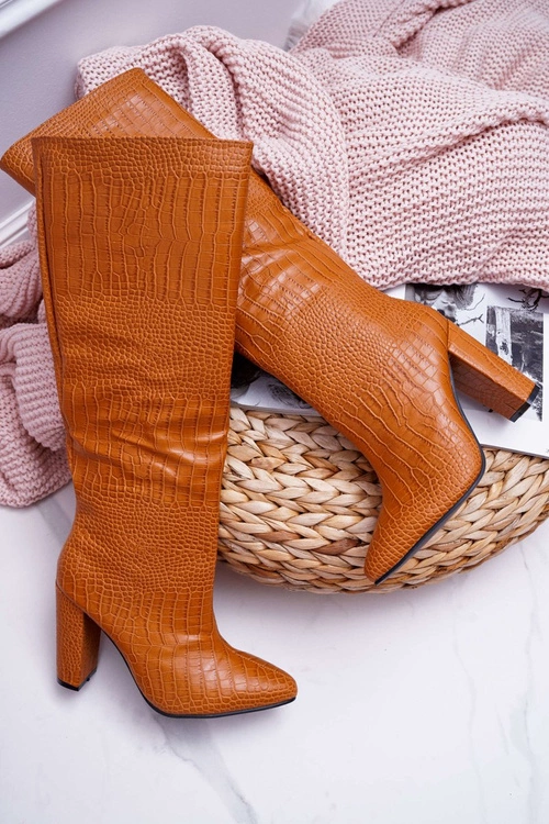 Kozaki Damskie Na Słupku Skóra Węża Camel Aduan