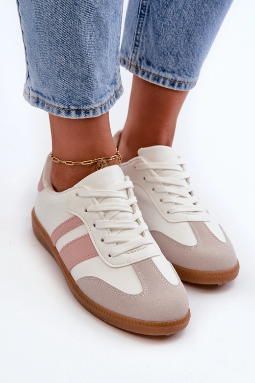 Damskie Niskie Eko Skórzane Sneakersy Biało-Różowe Relialia