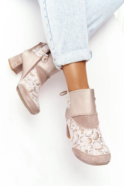 Damskie Skórzane Botki Na Słupku Maciejka Złoto Beżowe 03963-20