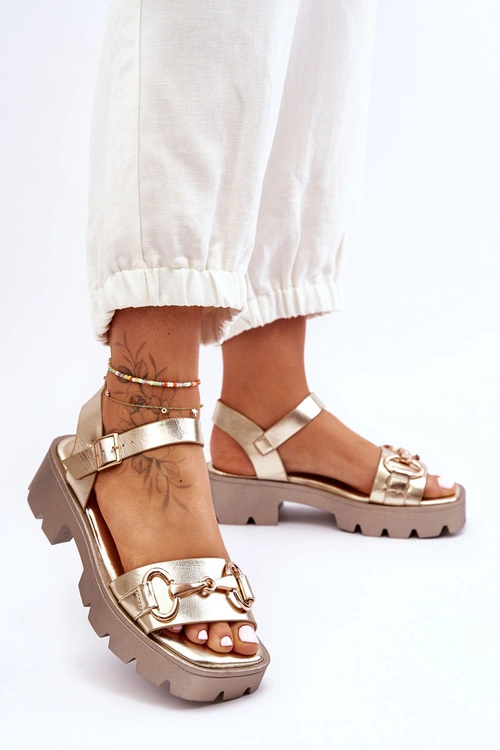 Damskie Skórzane Sandały Z Ozdobą Złote Emori