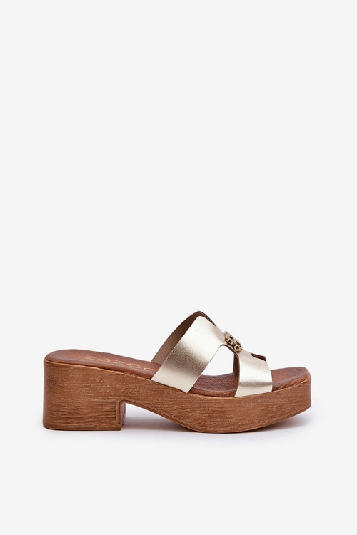 Zazoo 40412 Skórzane Eleganckie Klapki Damskie Z Ozdobą Złote