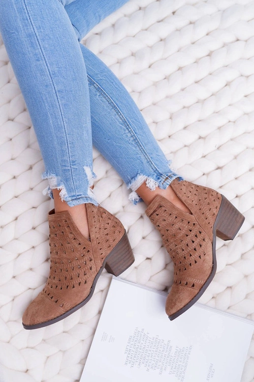 Botki Damskie Na Słupku Ażurowe z Wycięciami Brązowe Mediolan