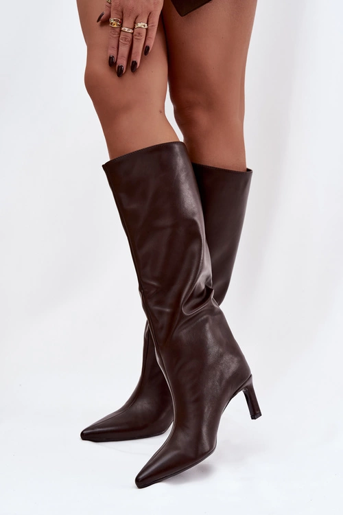 Kozaki Damskie Wsuwane Na Szpilce Z Przeszyciem Czekoladowe Olyvia