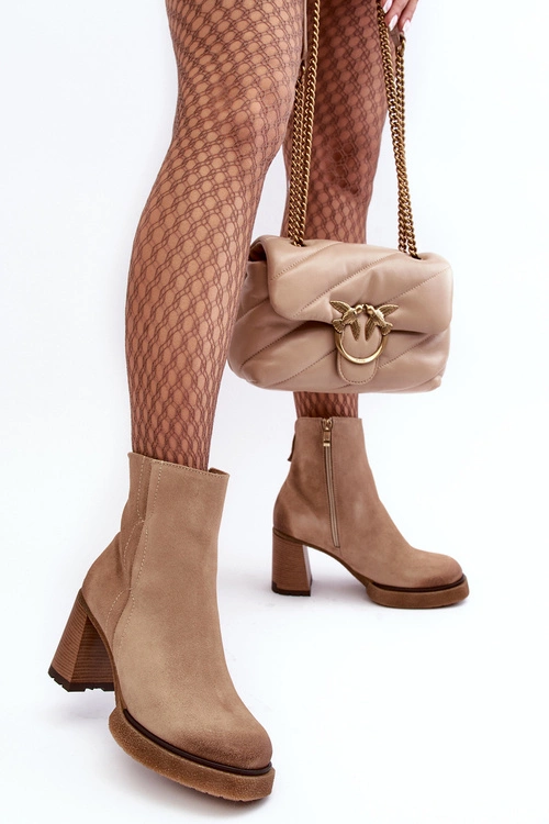 Zamszowe Botki Damskie Na Słupku Beżowe Lemar Remilda