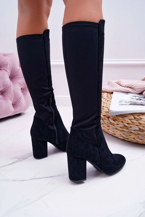 Kozaki Damskie Na Słupku Zamszowe z Lycrą Czarne Machine