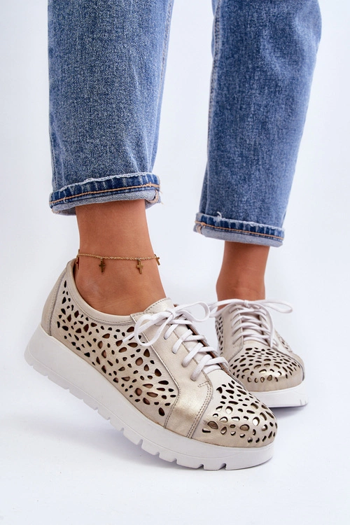 Zazoo 2821 Skórzane Półbuty Damskie Ażurowe Złote