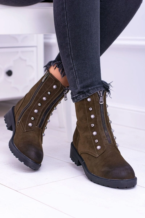 Damskie Botki Ocieplane Trapery Khaki Dowito