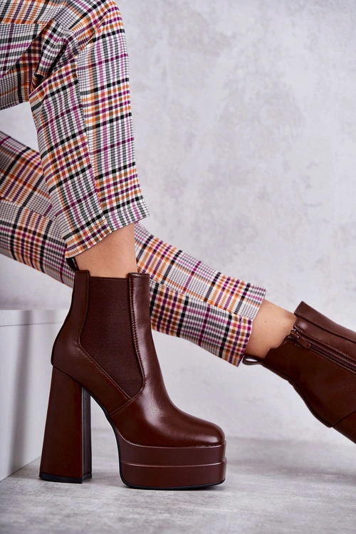 Damskie Skórzane Botki Na Masywnym Obcasie Brązowe Jones