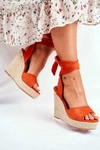 Sandały Damskie Na Koturnie Wiązane Pomarańczowe Belleza