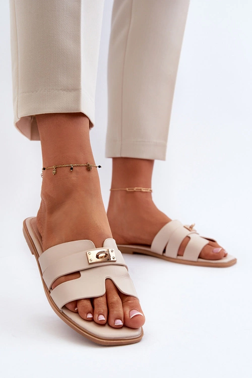 Klapki Damskie Płaskie Z Ozdobą Beżowe Kavinia