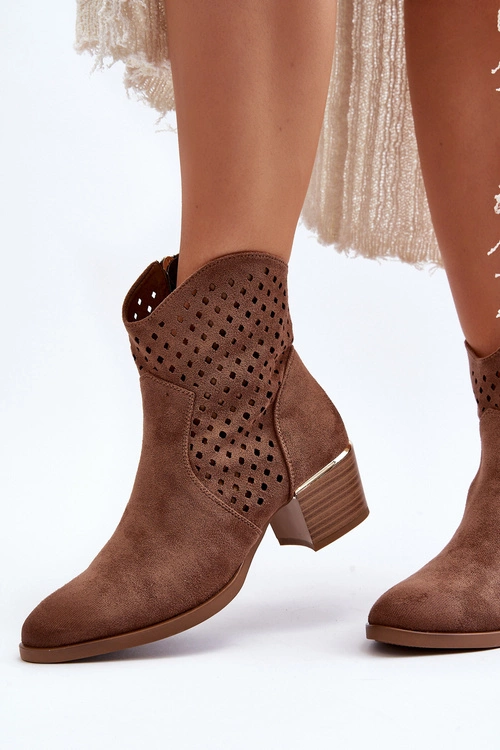 Ażurowe Botki Na Niskim Obcasie Brązowe Cilvana