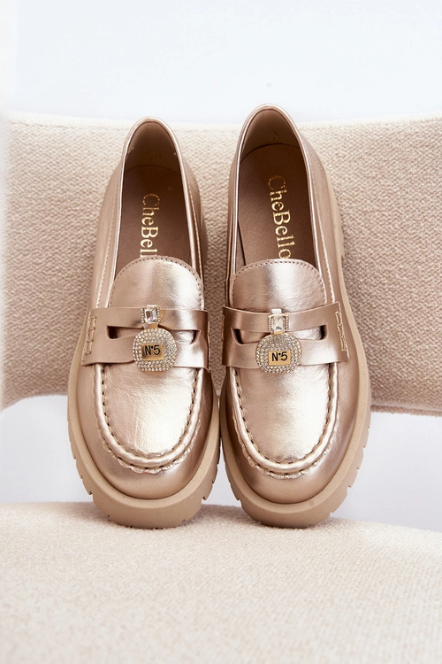 Skórzane Półbuty Mokasyny Z Ozdobą CheBello 4291 Złote