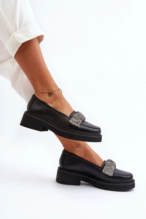 Zazoo 3419 Mokasyny Damskie Skórzane Z Ozdobnym Paseczkiem Czarne