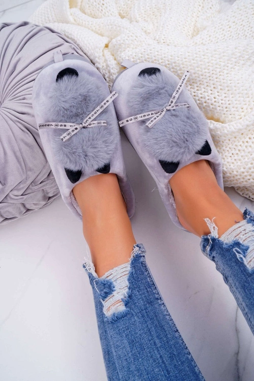 Papcie Damskie Z Futerkiem Kotek Szare Kitty