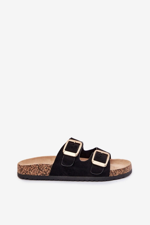 Klapki Damskie Z Eko Zamszu Złote Klamry Czarne Vorella