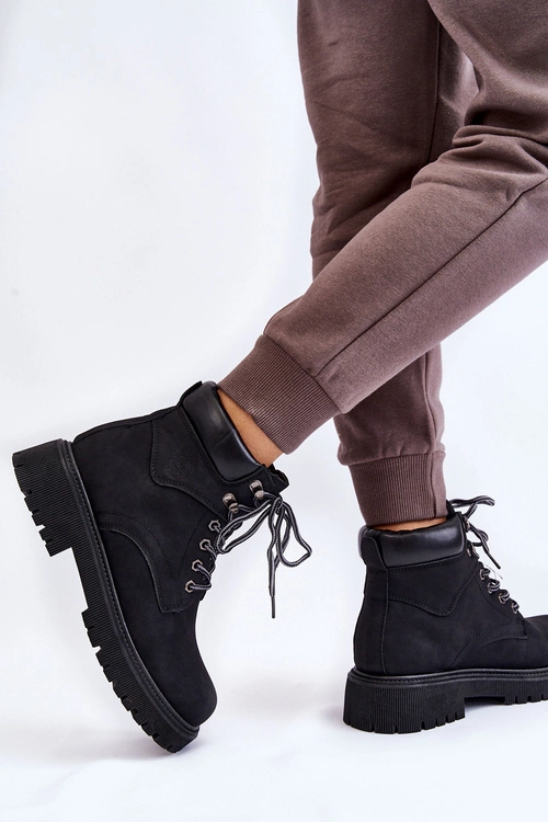 Damskie Ocieplane Botki Trapery Sznurowane Czarne Halfway