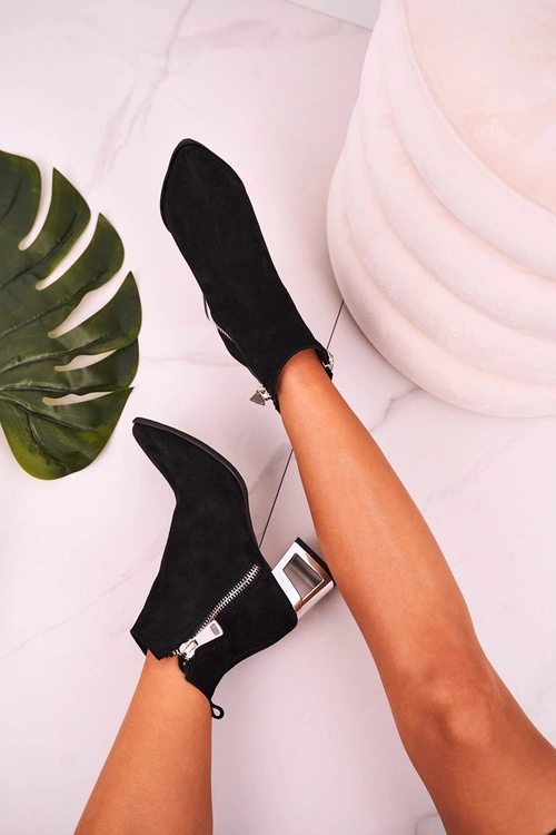 Damskie Botki Na Srebrnym Obcasie Zamszowe Czarne Norah