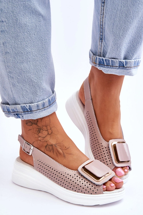 Skórzane Ażurowe Sandały S.Barski BN291 Różowe