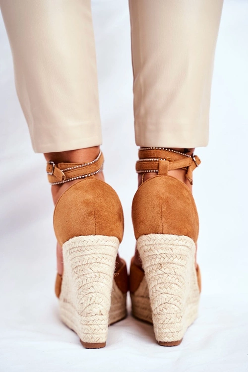 Sandały Damskie Na Koturnie Lniane Camel Canterola