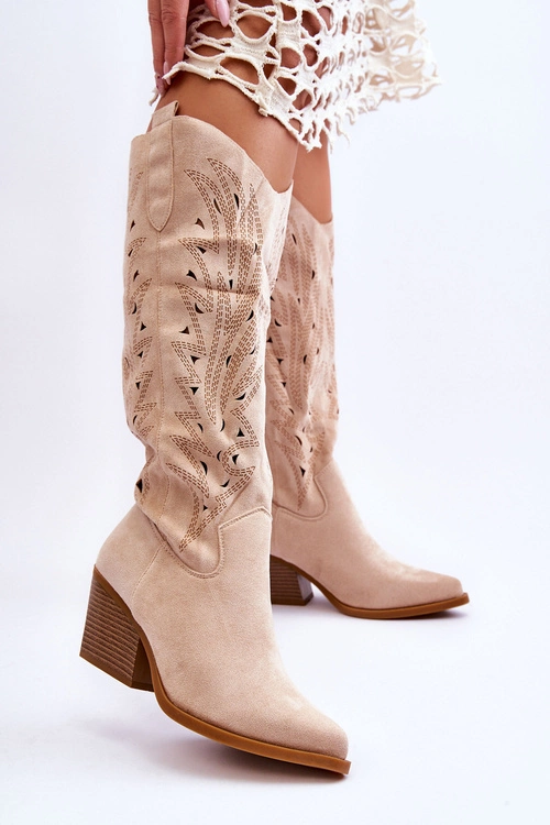 Wsuwane Zamszowe Ażurowe Kozaki Beżowe Elavi