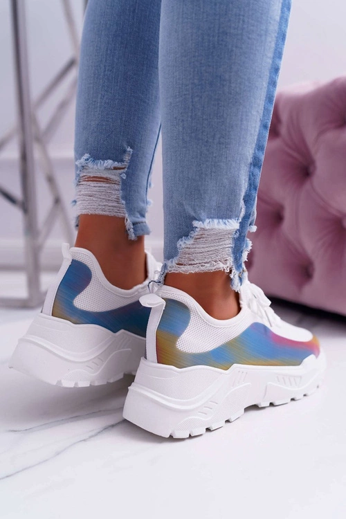 Sportowe Damskie Buty Gruba Podeszwa Holograficzne Białe Party Up