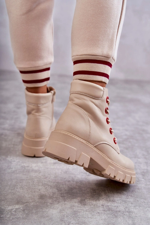 Skórzane Botki Workery Na Suwak Beżowe Messa