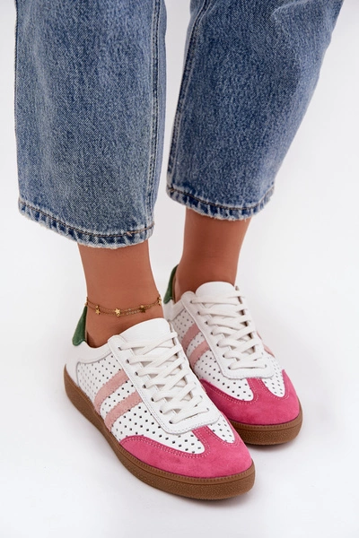 Skórzane Ażurowe Sneakersy Damskie Zazoo N1318 Biało-Różowe