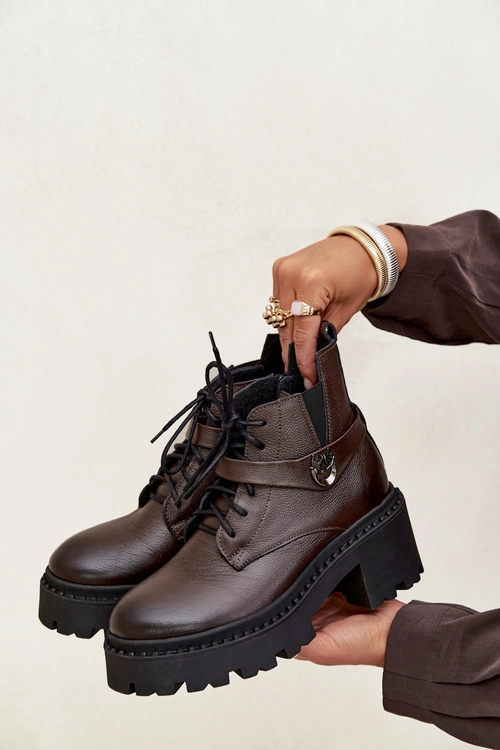 Skórzane Botki Damskie Na Klocku Z Ozdobnym Paskiem Ocieplane Zazoo 60557 Czekoladowe