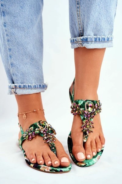 Sandałki Damskie Eleganckie Japonki Kryształki Zielone Under Control