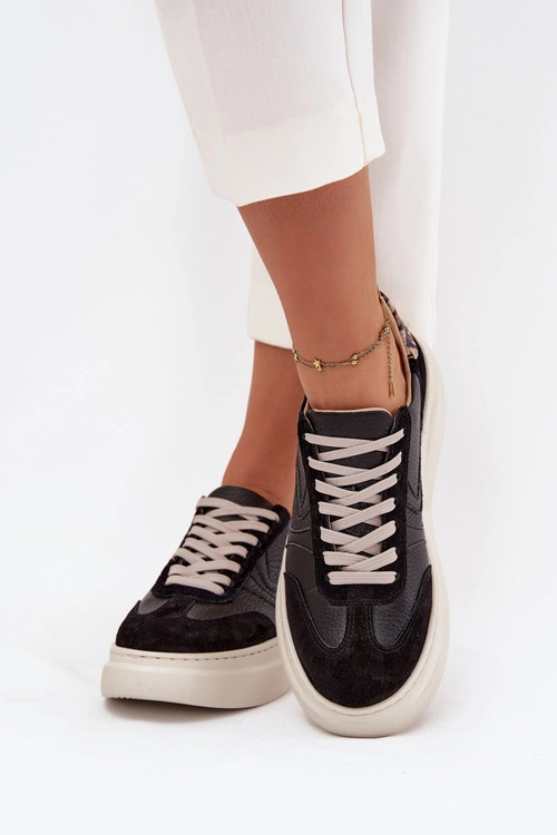 Skórzane Sneakersy Damskie Na Platformie Panterka Zazoo N1263 Czarne