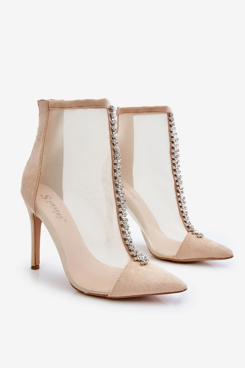 Modne Damskie Botki Na Szpilce Z Siateczką Beżowe Rummi