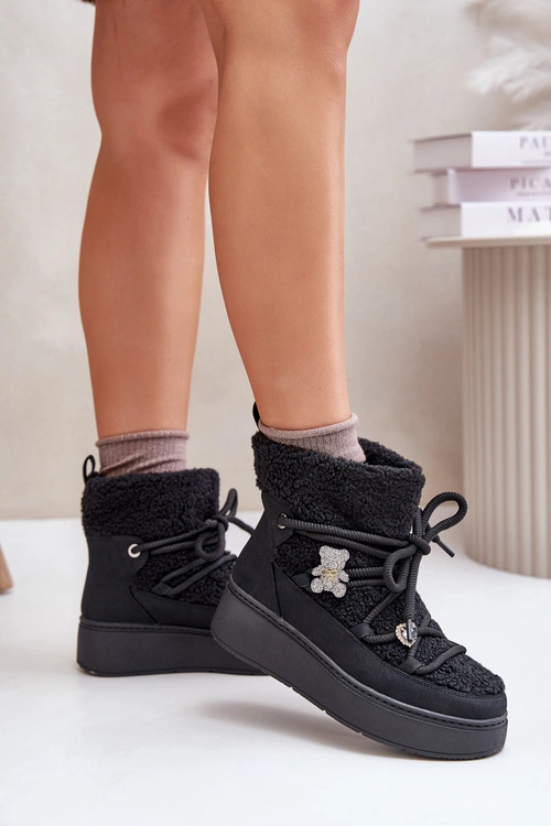 Śniegowce Damskie Z Przypinkami I Futerkiem Typu Baranek Czarne Almatiza