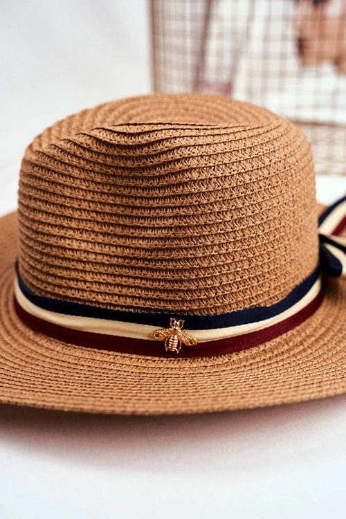 Damski Kapelusz Panama 100% Papier Camel Wstążka Złota Mucha