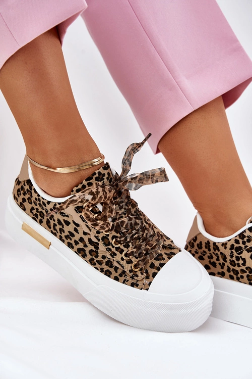 Trampki Damskie Na Masywnej Platformie Z Ozdobnym Sznurowaniem Panterka Brązowe Zidora