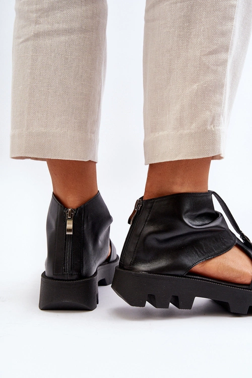 Zazoo 999 Skórzane Sandały Damskie Z Zamkiem Czarne