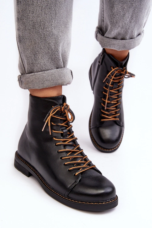 Skórzane Botki Trzewiki Damskie Czarne Ethel