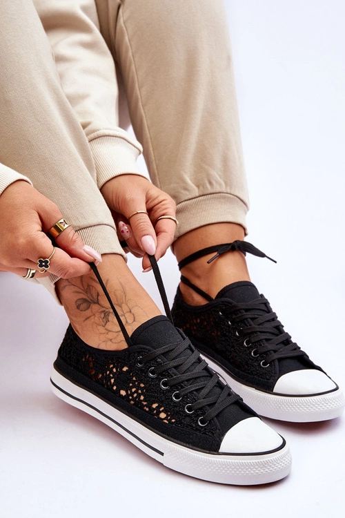 Damskie Koronkowe Materiałowe Trampki Czarne Fergo