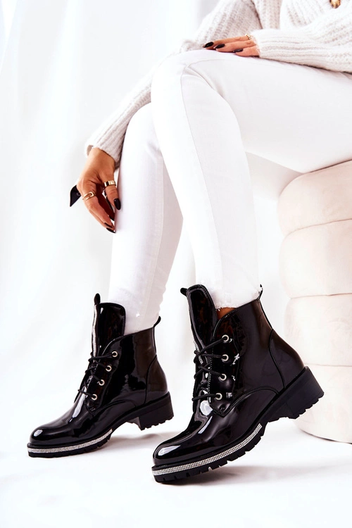 Lakierowane Ocieplane Botki Czarne Grecia