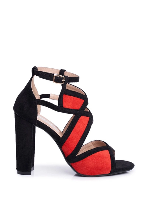 Zamszowe Sandały Na Słupku Czarno-Czerwone Emolly