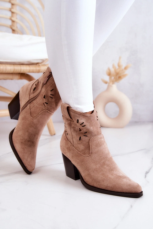 Zamszowe Damskie Botki Kowbojki Beżowe Devon