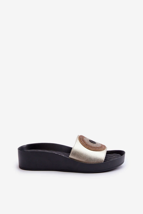 Skórzane Klapki Damskie Z Ozdobą S.Barski KV27-019 Złote