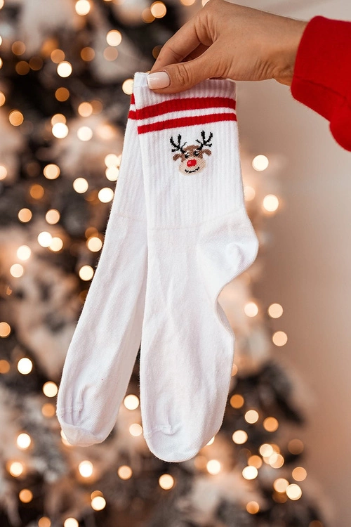 Skarpetki Świąteczne Renifer Prążek Z Paskami Białe