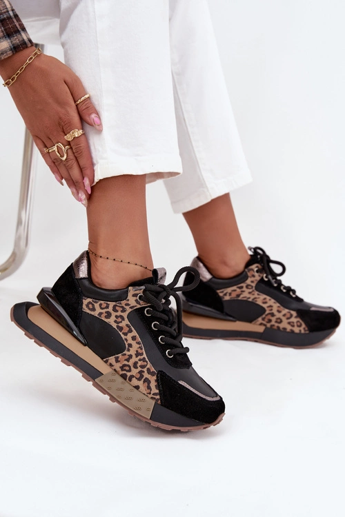 Skórzane Sneakersy Damskie Na Platformie Panterka Artiker 55C0134 Czarne