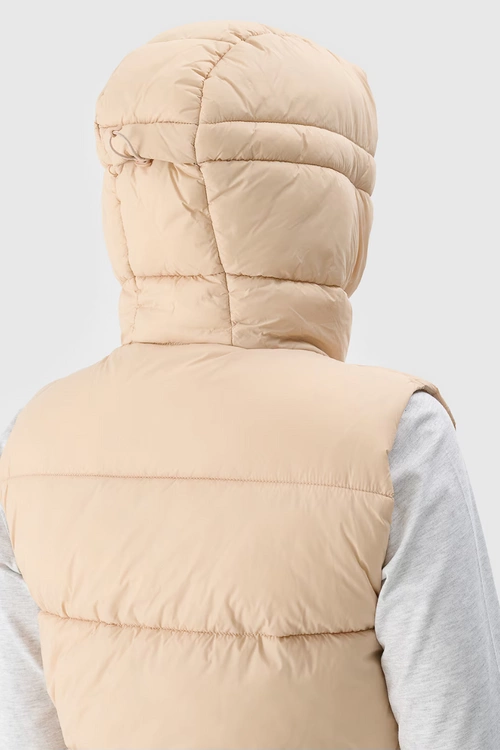 Bezrękawnik Damski Puchowy Z Kapturem 4F 4FWAW24TVJAF141-83S Beżowy