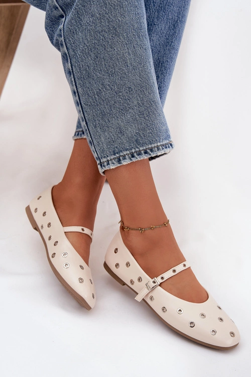 Baleriny Damskie Ze Srebrnymi Elementami Beżowe Marivon