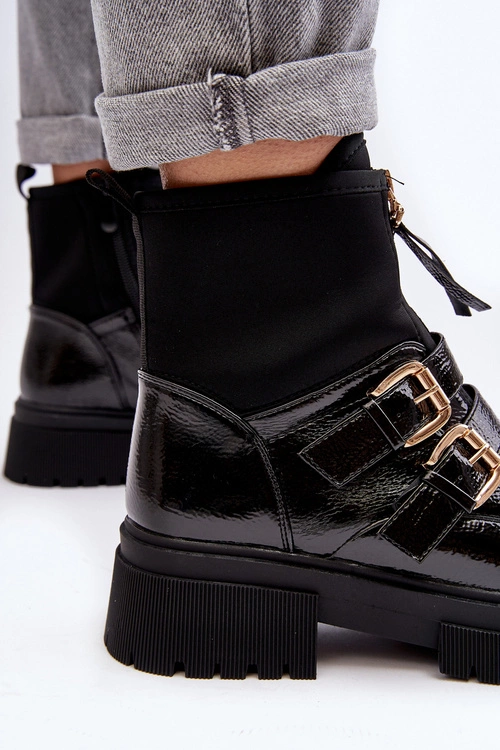 Lakierowane Botki Damskie Na Płaskim Obcasie Czarne Rellisa