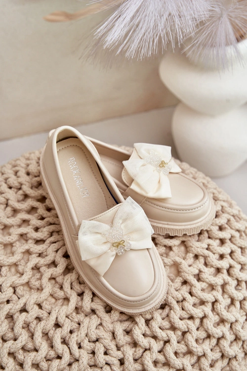 Mokasyny Dziewczęce Z Kokardą Eko Skórzane Beżowe Avallesa