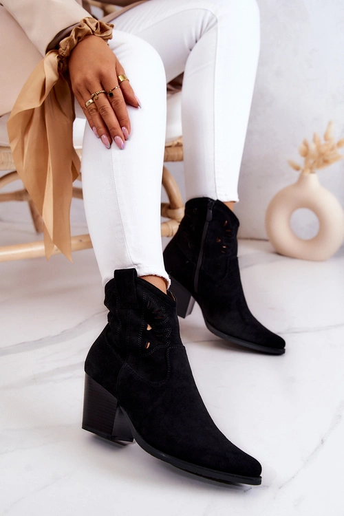 Zamszowe Damskie Botki Kowbojki Czarne Devon