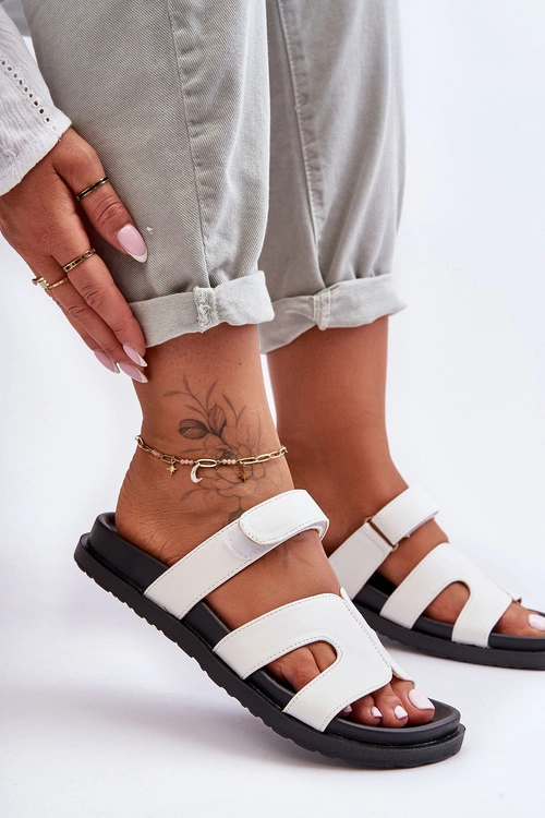 Skórzane Klasyczne Klapki Damskie Na Rzep Białe Amedon