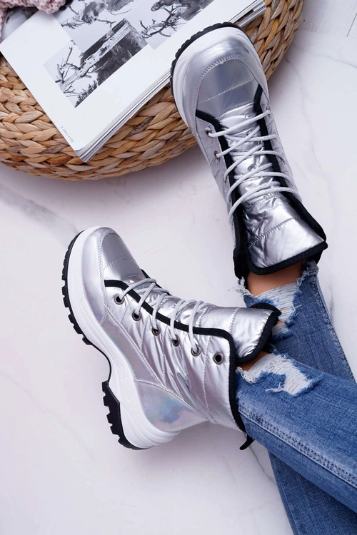 Damskie Botki Śniegowce Ocieplane Futerkiem Srebrne Muffin